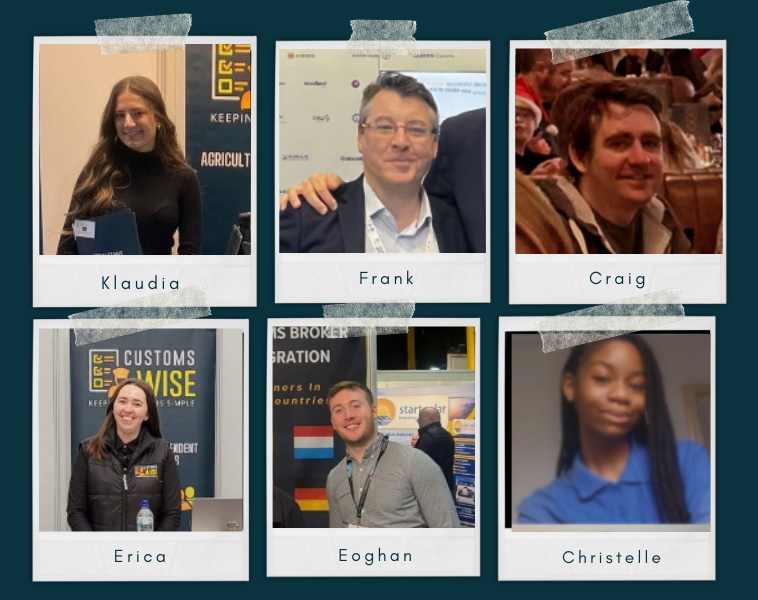 Portraits of Customs Wise team members Klaudia, Frank, Craig, Erica, Eoghan and Christelle